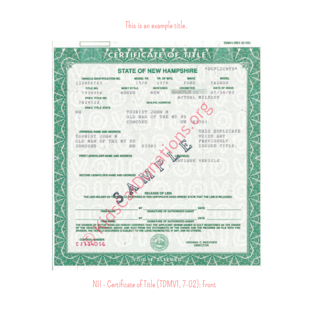This is an Example of New Hampshire Certificate of Title (TDMV1, 7-02) Front View | Kids Car Donations